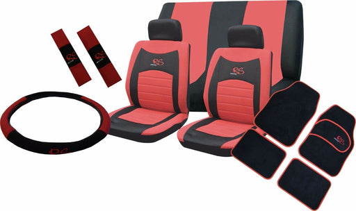 Red RS Logo Seat Cover Set Includes Mats, Seat Belt Harness Pads Steering Cover - Xtremeautoaccessories