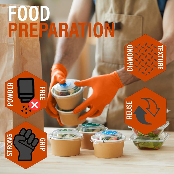 Xtremeauto Nitrile Gloves: Heavy-Duty Diamond Grip Disposable Gloves in Orange - Latex-Free, Powder-Free, and Extra Strong