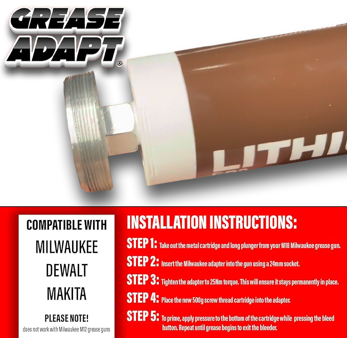 GREASEADAPT Grease Gun Adapter – Convert 400g to 500g Screw Cartridges for Milwaukee, for Dewalt, & for Makita Grease Guns, Aluminium, Greasing