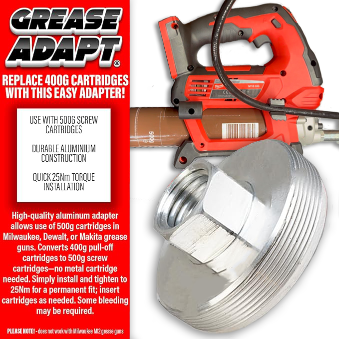 GREASEADAPT Grease Gun Adapter – Convert 400g to 500g Screw Cartridges for Milwaukee, for Dewalt, & for Makita Grease Guns, Aluminium, Greasing