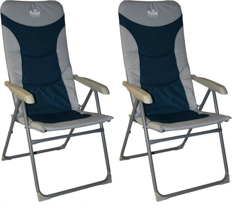 Royal Colonel High Back Padded Camping Fishing Beach Caravan Chair Blue Silve x2 - Xtremeautoaccessories