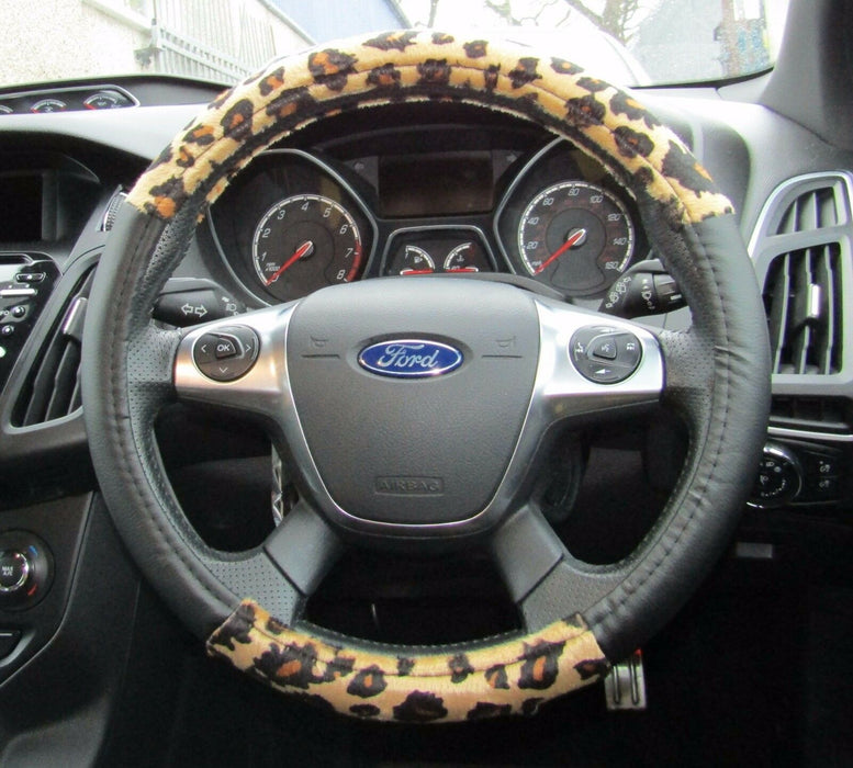 Leopard Print High Grip Quality Steering Wheel Cover Protector + Seatbelt Pads - Xtremeautoaccessories