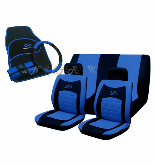 Blue RS Logo Seat Cover Set Includes Mats, Seat Belt Harness Pads Steering Cover - Xtremeautoaccessories