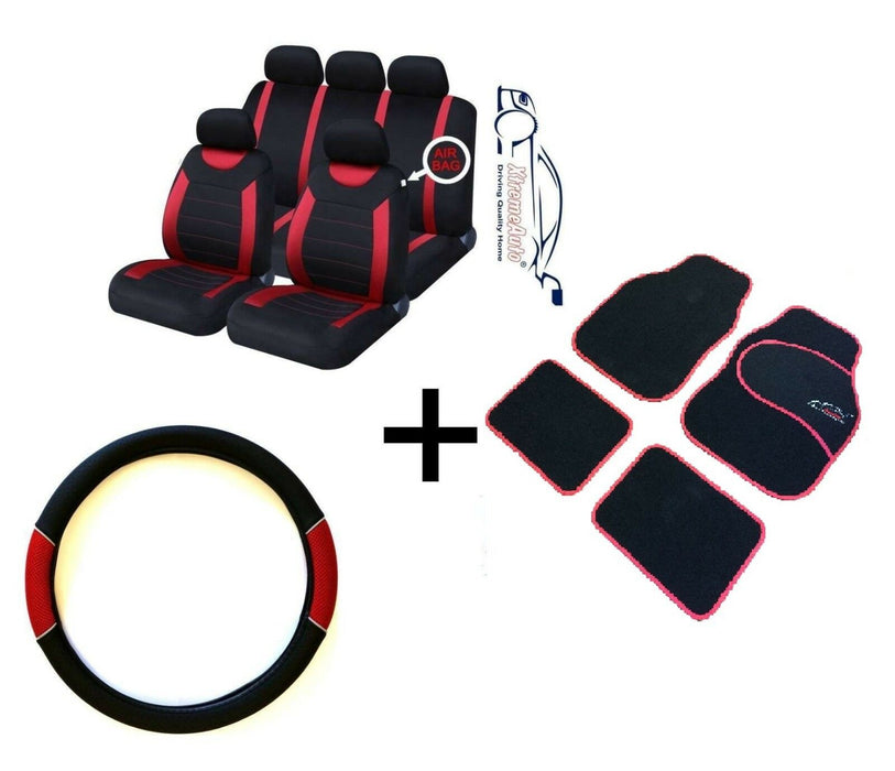 CARNABY RED CAR SPORT SEAT COVERS + MATCHING CARPET MATS & STEERING WHEEL COVER - Xtremeautoaccessories