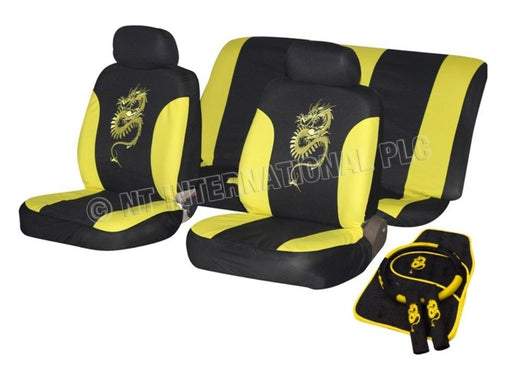 Universal Yellow Dragon Car Seat Covers Full Set With Matching Mats+Accessories - Xtremeautoaccessories