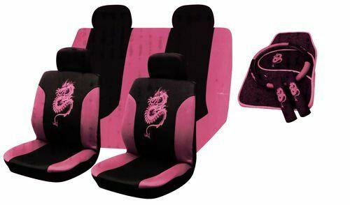 Universal Pink Dragon Car Seat Covers Full Set With Matching Mats + Accessories - Xtremeautoaccessories