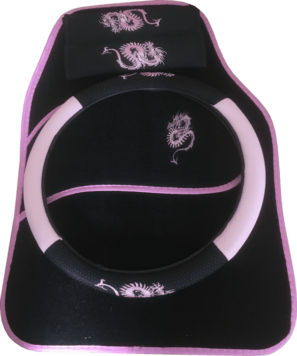 Universal Pink Dragon Car Seat Covers Full Set With Matching Mats + Accessories - Xtremeautoaccessories