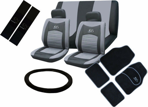 Grey RS Logo Seat Cover Set Includes Mats, Seat Belt Harness Pads Steering Cover - Xtremeautoaccessories