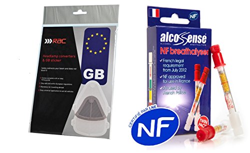 3 Piece European Travel Kit Headlamp RAC Beam Deflectors Headlight Converters, GB Sticker & AlcoSense Breathalyzer Twin Pack NF Approved French Breathalysers supplied by Gadgets4Travel