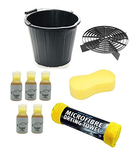 Xtremeauto Car/Van/Motorbike/Caravan 9 Piece Detailing Cleaning Wash Clean Kit - 15 Litre Bucket, Scratch Shield, Washing Shampoo, Jumbo Sponge & Drying Towel- Swirl Free