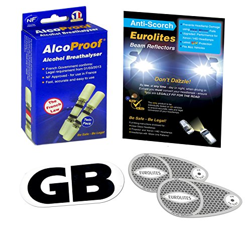 3 Piece Kit Headlamp Beam Deflectors Twin Pack French Breathalysers Long Expiry Date Magnetic GB Plate Eurolites Alcoproof Breathalyzer Good Quality NF approved Headlight Converters European Travel Kit Travel Abroad