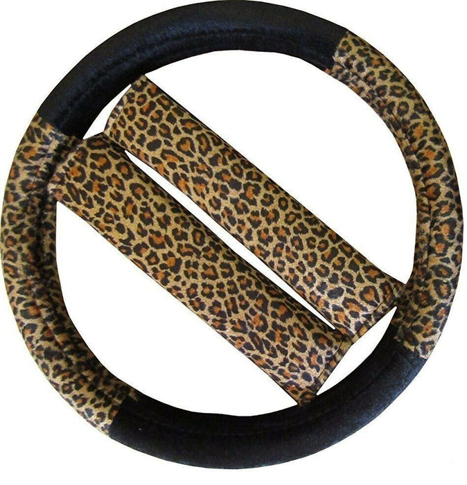 Leopard Print Car / Van Steering Wheel Cover Seat Belt Pads - Xtremeautoaccessories