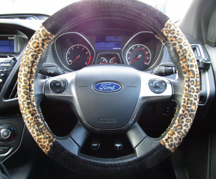 Leopard Print Car Steering Wheel Cover Glove 37>39cm Soft Suede Universal Fit - Xtremeautoaccessories