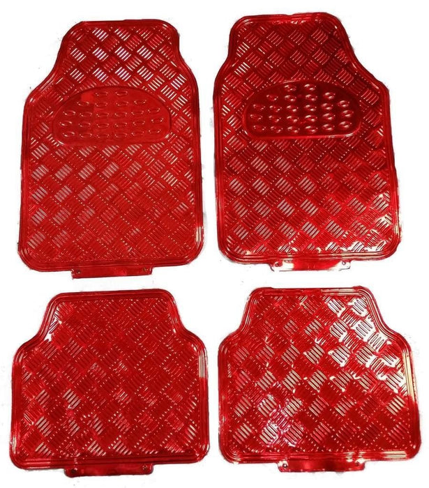 XtremeAuto® Universal Fit 4 Piece Heavy Duty Red Chrome Look Checker Plate Car Mats